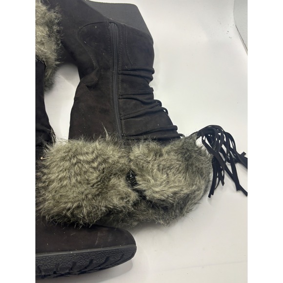 SM New York Girls Size 7 Black Wedge Boots Fur Trimmed Lace Up Side Zipper - Picture 4 of 7